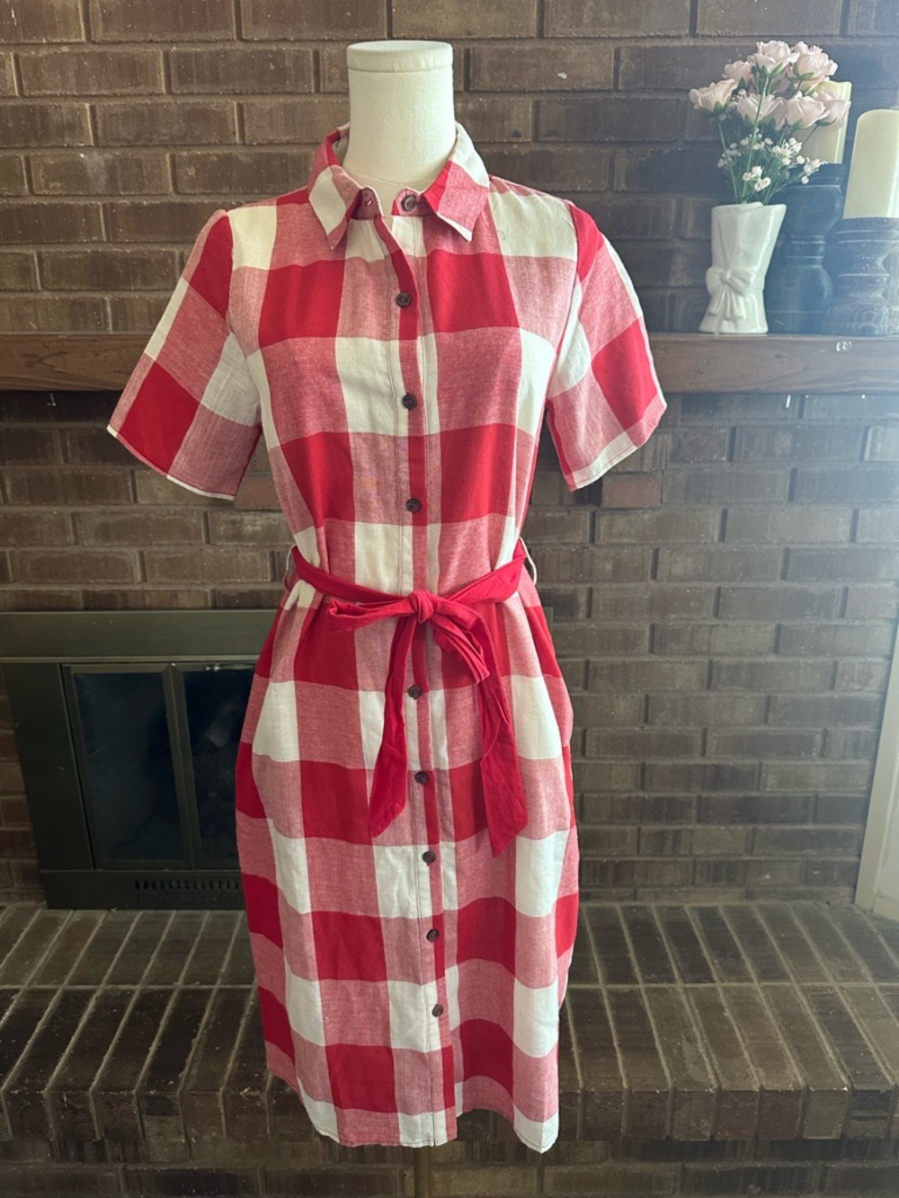 Polagram Red White Gingham Check Shirt Dress NWOT Small